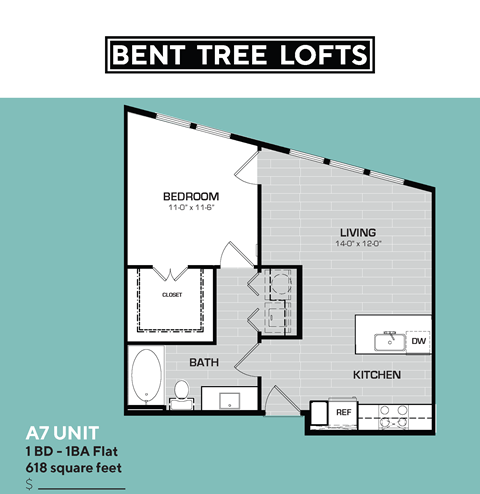 Floor plan for 1 bed, 1 bath, 618 sqft